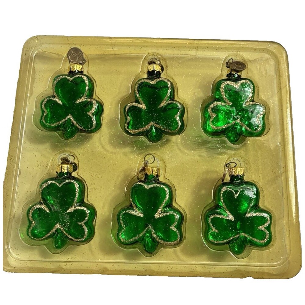 Dept 56 Set of 6 Irish Cheer Leprechaun Clovers St Patrick’s Glass Ornaments
